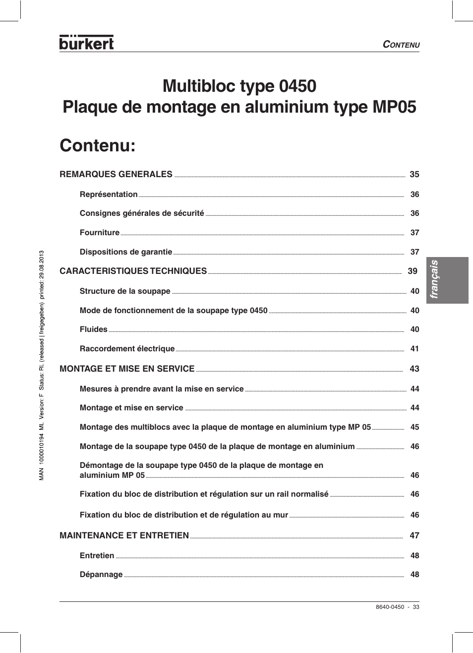 Contenu, Français | Burkert Type 0450 User Manual | Page 35 / 52