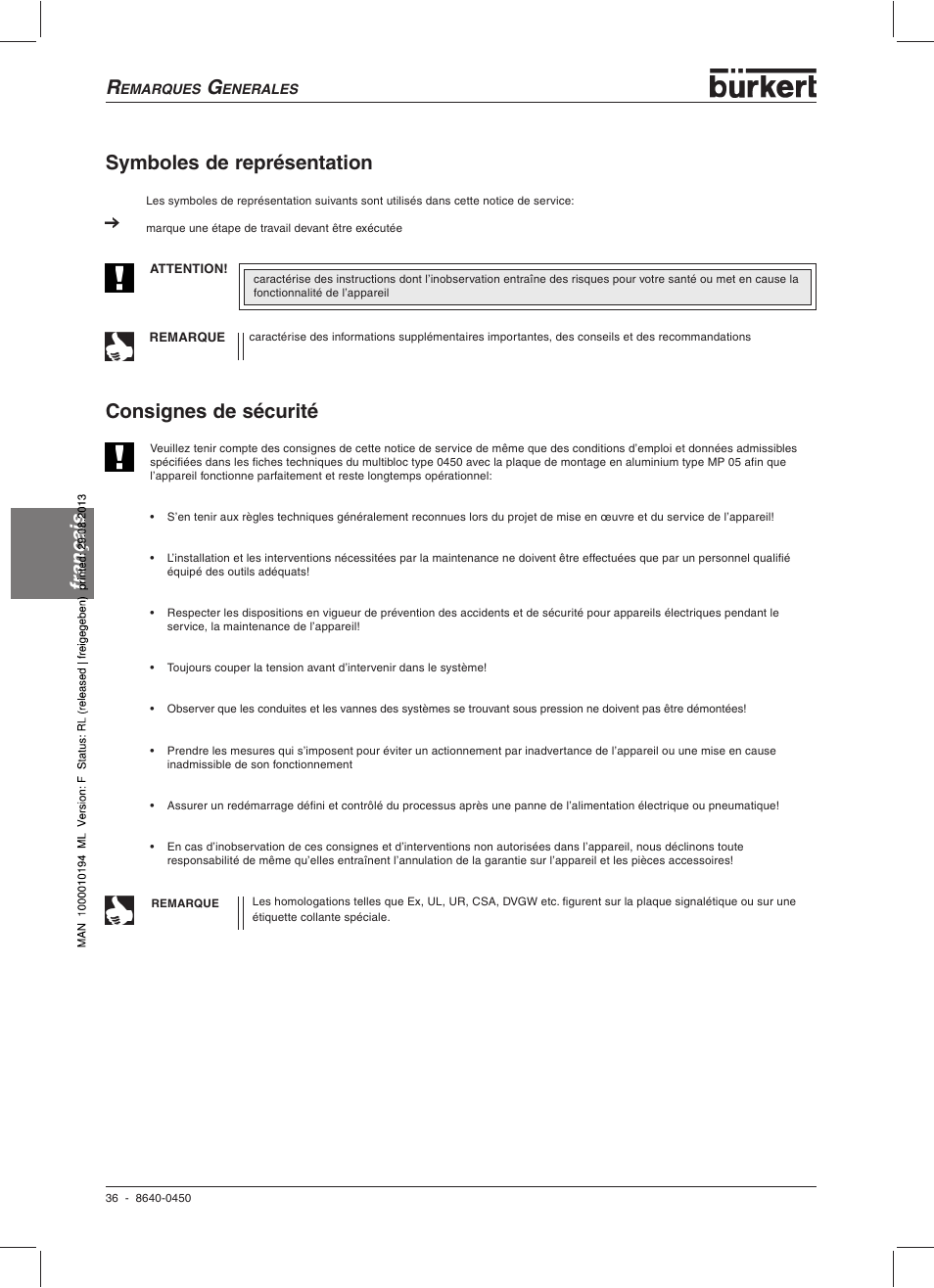 Français symboles de représentation, Consignes de sécurité | Burkert Type 0450 User Manual | Page 38 / 52