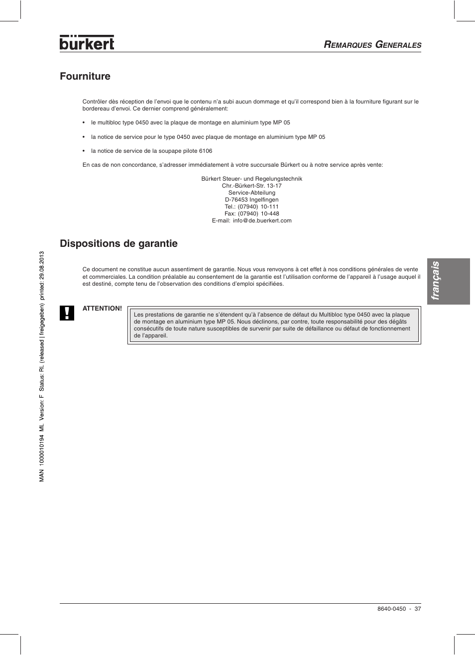 Français dispositions de garantie, Fourniture | Burkert Type 0450 User Manual | Page 39 / 52