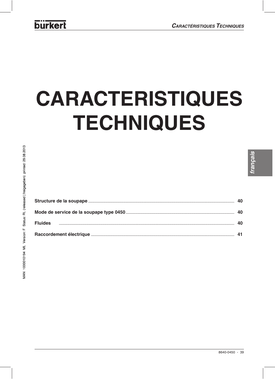Caracteristiques techniques | Burkert Type 0450 User Manual | Page 41 / 52