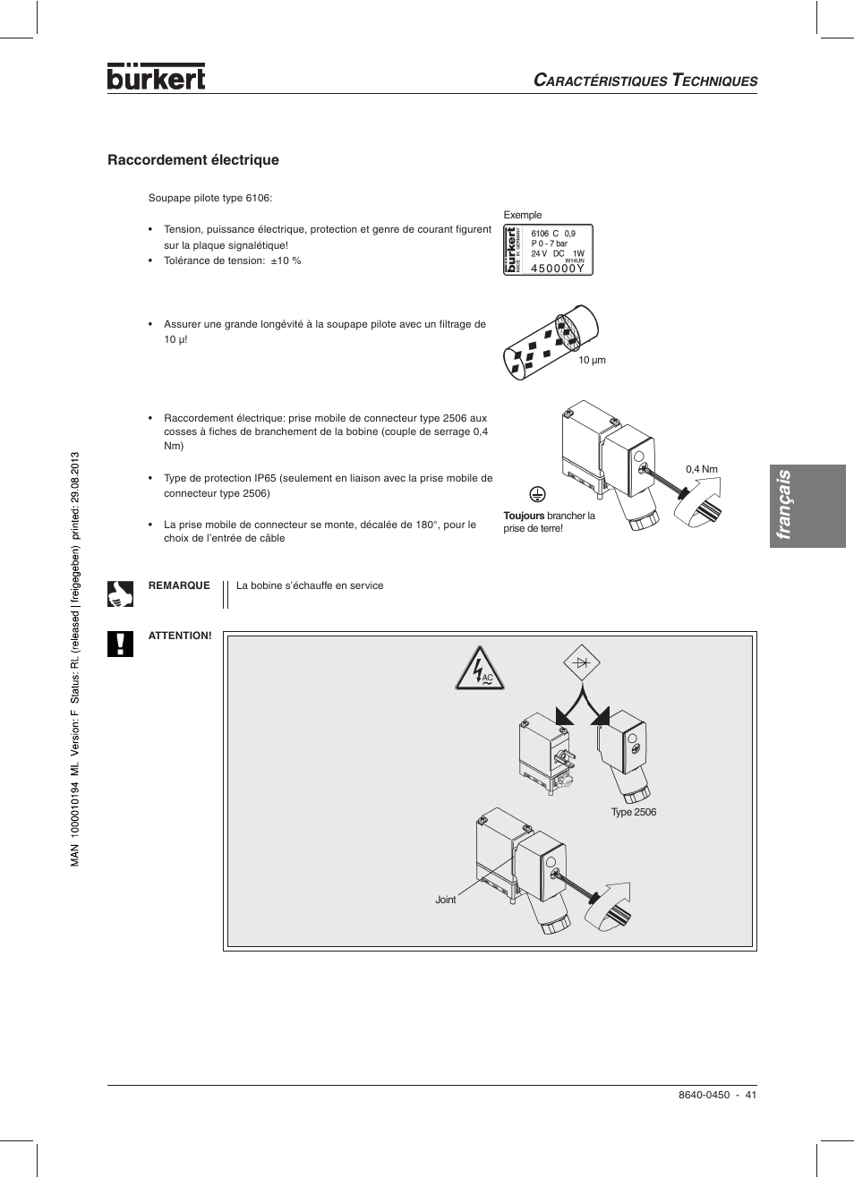 Français, Raccordement électrique | Burkert Type 0450 User Manual | Page 43 / 52