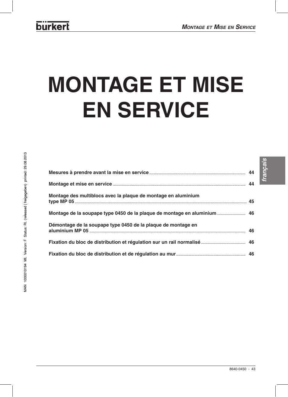 Montage et mise en service | Burkert Type 0450 User Manual | Page 45 / 52