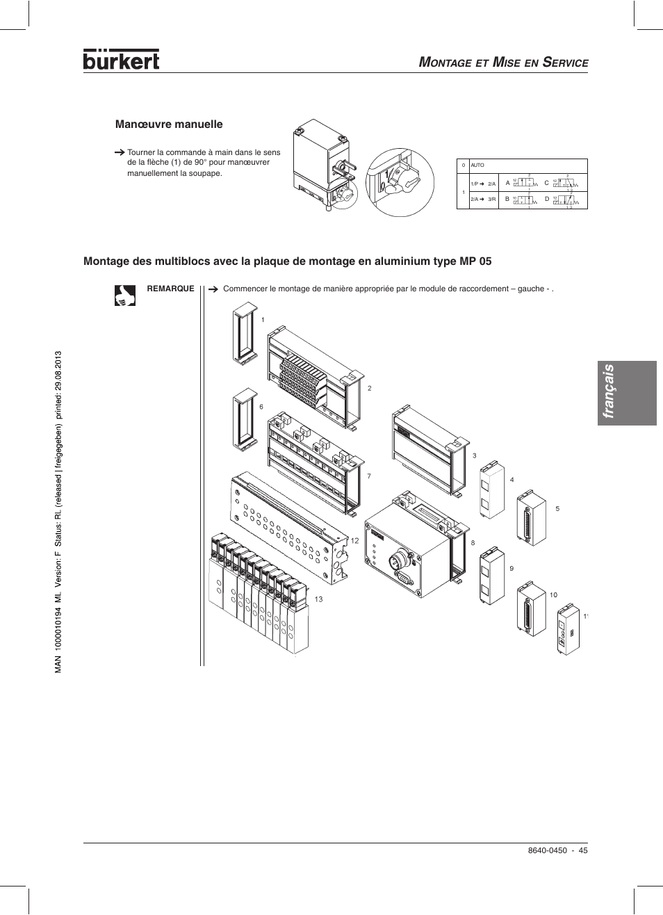 Français, Manœuvre manuelle | Burkert Type 0450 User Manual | Page 47 / 52