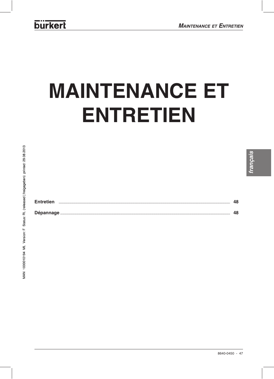 Maintenance et entretien | Burkert Type 0450 User Manual | Page 49 / 52