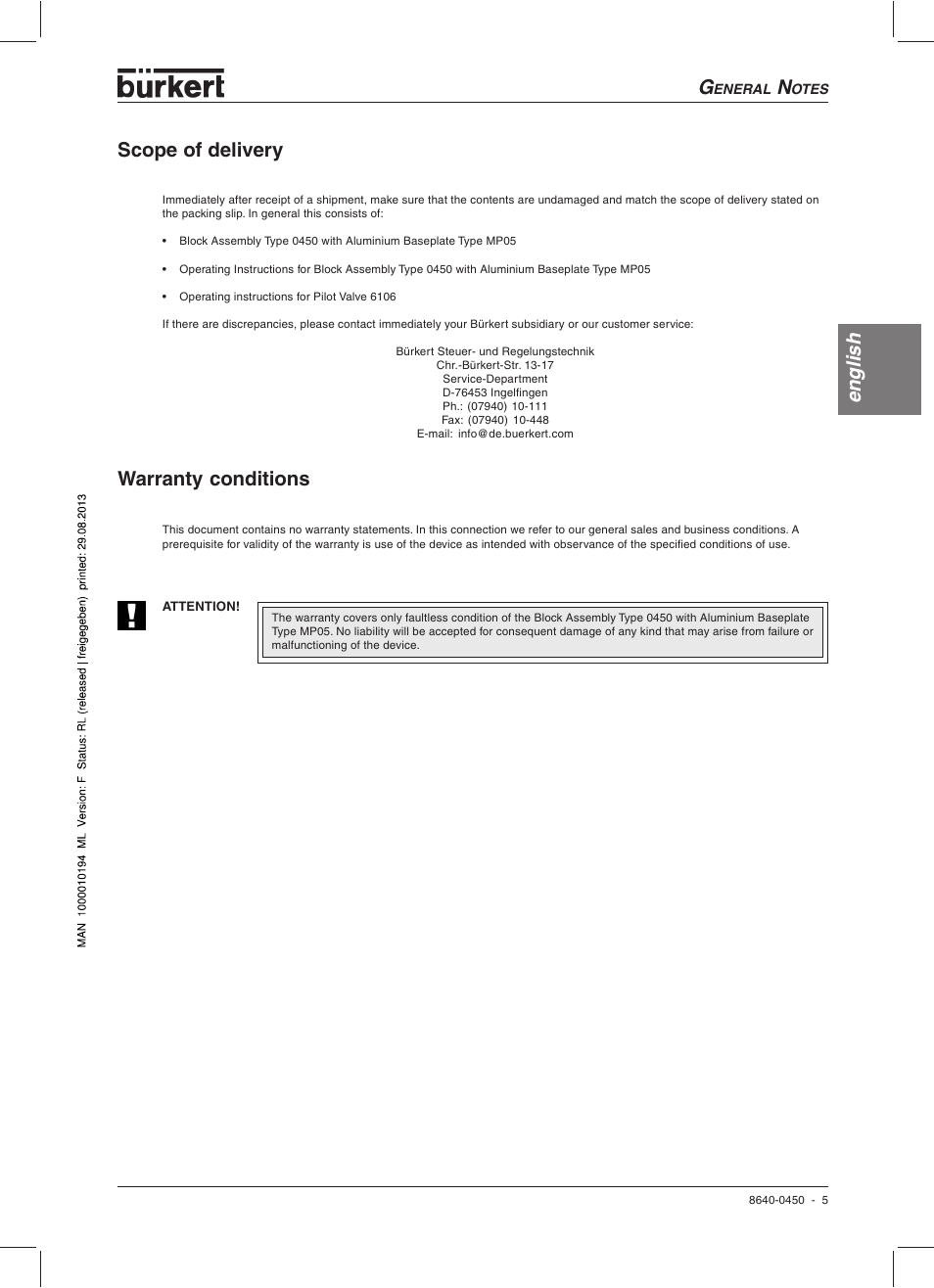 English warranty conditions, Scope of delivery | Burkert Type 0450 User Manual | Page 7 / 52