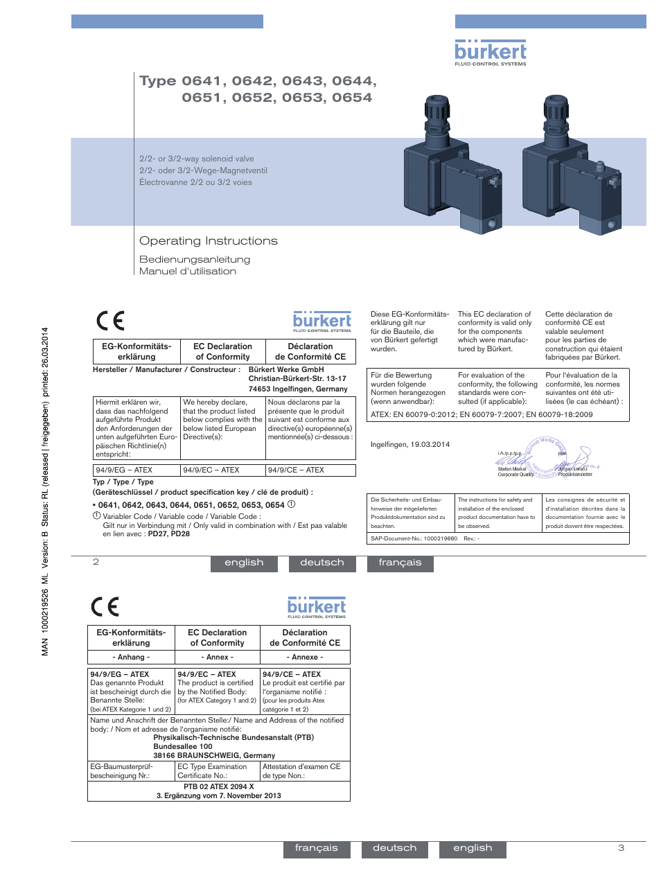 Français, Operating instructions | Burkert Type 0654 User Manual | Page 9 / 13