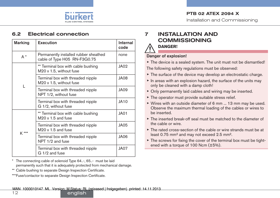 Electrical connection, 7 installation and commissioning | Burkert Type 0641 User Manual | Page 12 / 40