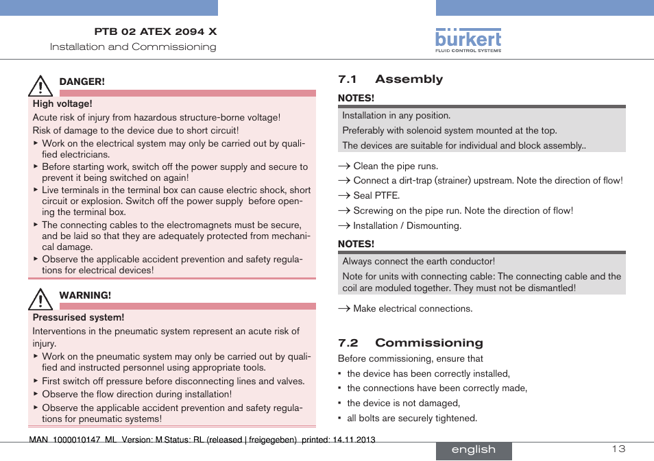 1 assembly 7.2 commissioning | Burkert Type 0641 User Manual | Page 13 / 40