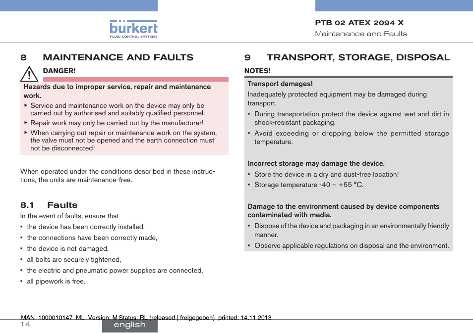 8 maintenance and faults, 1 faults, 9 transport, storage, disposal | Burkert Type 0641 User Manual | Page 14 / 40