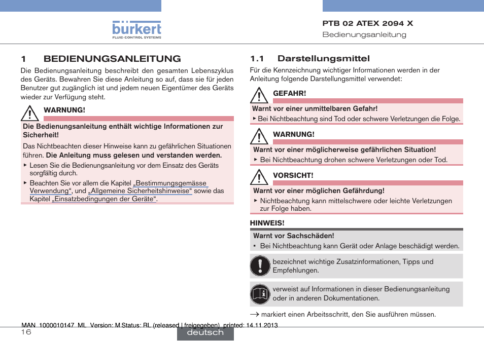 1 bedienungsanleitung, 1 darstellungsmittel | Burkert Type 0641 User Manual | Page 16 / 40