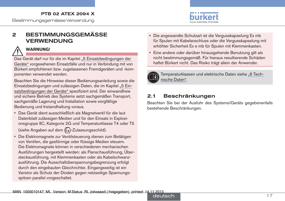 2 bestimmungsgemässe verwendung, 1 beschränkungen, Bestimmungsgemässe | Verwendung | Burkert Type 0641 User Manual | Page 17 / 40