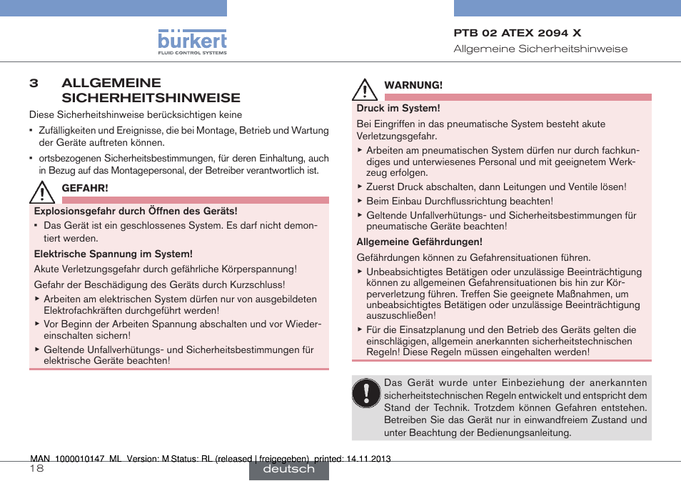 3 allgemeine sicherheitshinweise, Allgemeine sicherheitshinweise | Burkert Type 0641 User Manual | Page 18 / 40
