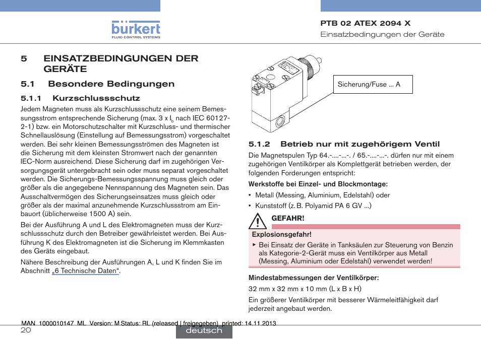 5 einsatzbedingungen der geräte, 1 besondere bedingungen, Einsatzbedingungen der geräte | Burkert Type 0641 User Manual | Page 20 / 40