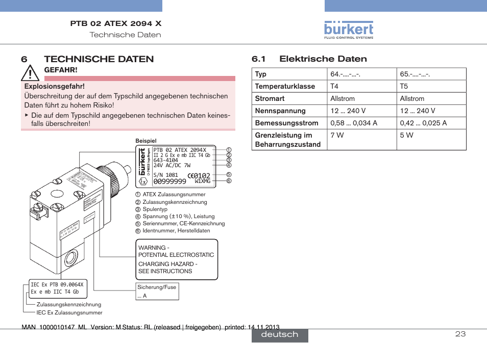 6 technische daten, Elektrische daten, 6technische daten | Deutsch, 1 elektrische daten, Technische daten | Burkert Type 0641 User Manual | Page 23 / 40