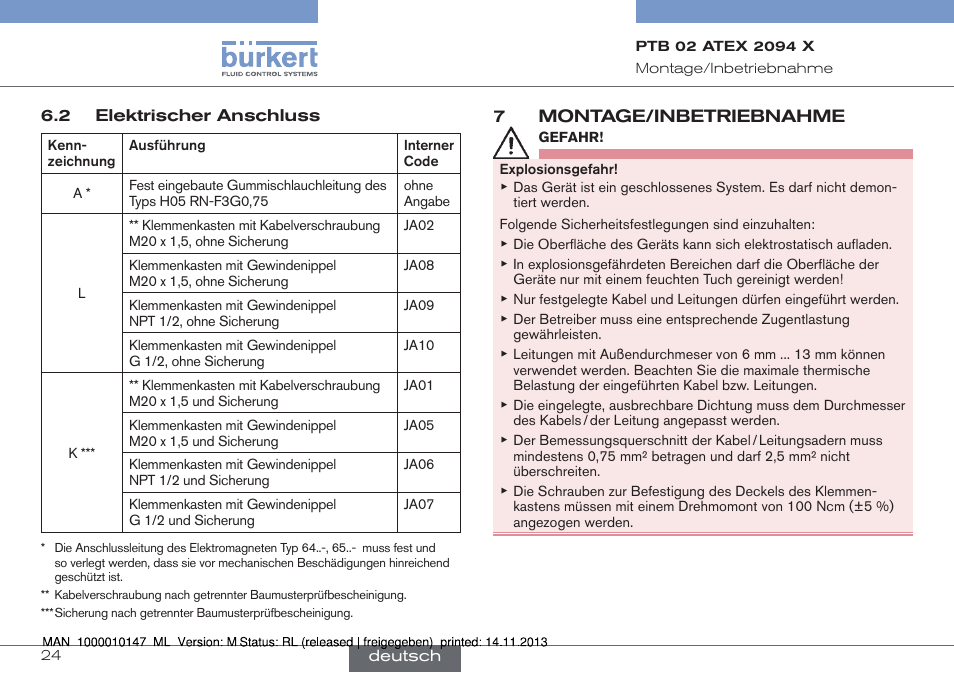 Elektrischer anschluss, 7 montage/inbetriebnahme | Burkert Type 0641 User Manual | Page 24 / 40