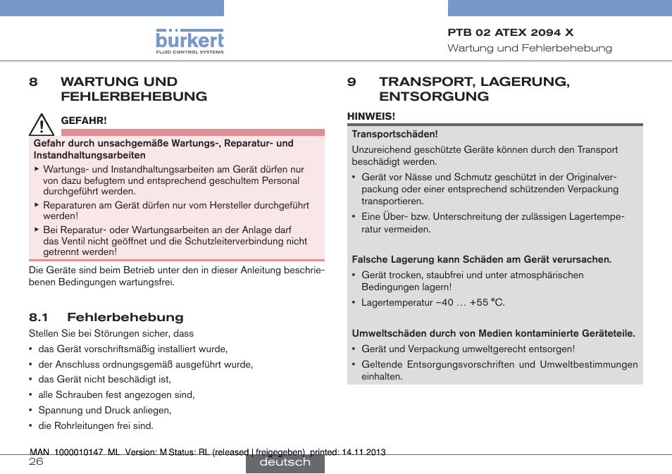 8 wartung und fehlerbehebung, 1 fehlerbehebung, 9 transport, lagerung, entsorgung | Burkert Type 0641 User Manual | Page 26 / 40