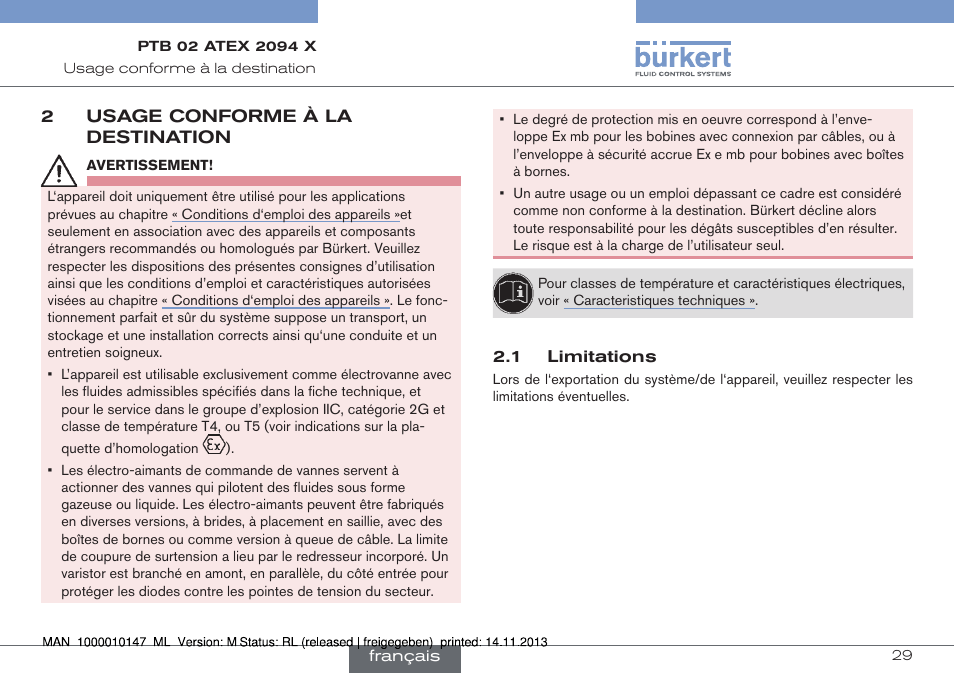 2 usage conforme à la destination, 1 limitations | Burkert Type 0641 User Manual | Page 29 / 40