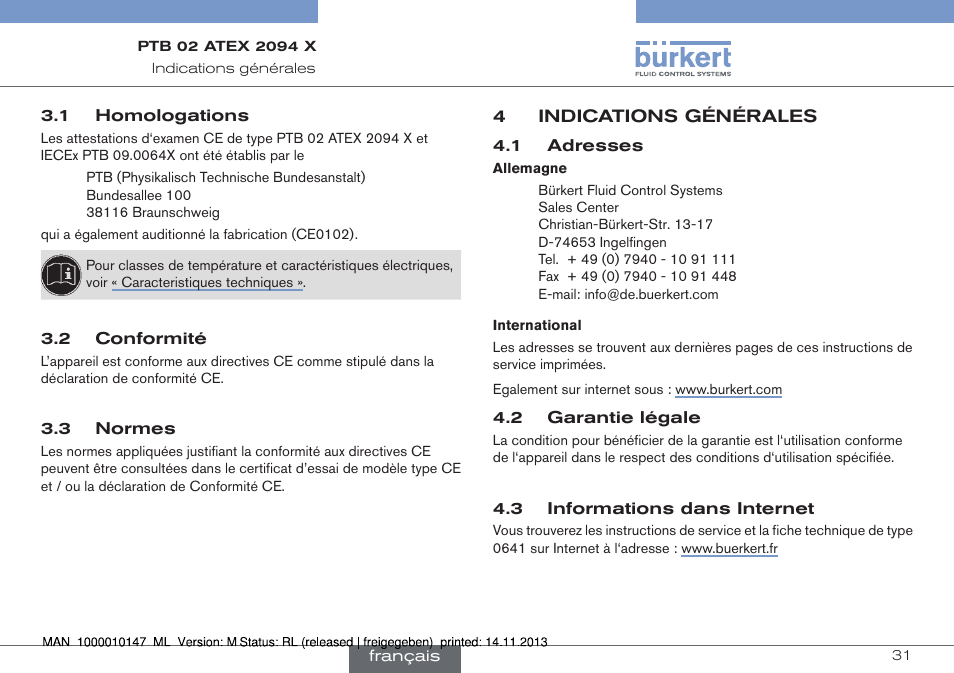 1 homologations 3.2 conformité 3.3 normes, 4 indications générales | Burkert Type 0641 User Manual | Page 31 / 40