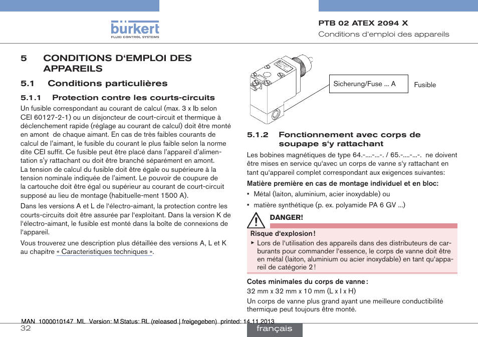 5 conditions d‘emploi des appareils, 1 conditions particulières | Burkert Type 0641 User Manual | Page 32 / 40