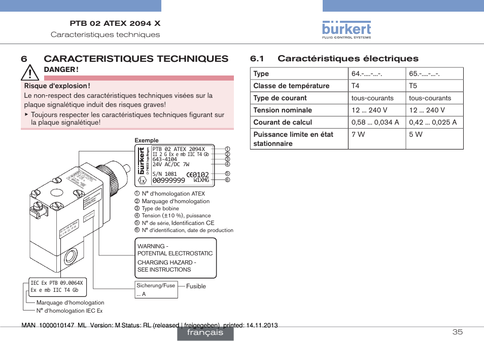 6 caracteristiques techniques, Caractéristiques électriques, 6caracteristiques techniques | 1 caractéristiques électriques, Français, 35 caracteristiques techniques | Burkert Type 0641 User Manual | Page 35 / 40