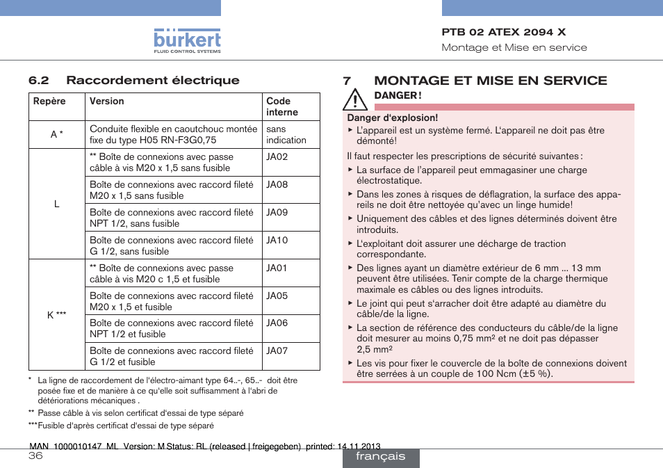 Raccordement électrique, 7 montage et mise en service | Burkert Type 0641 User Manual | Page 36 / 40