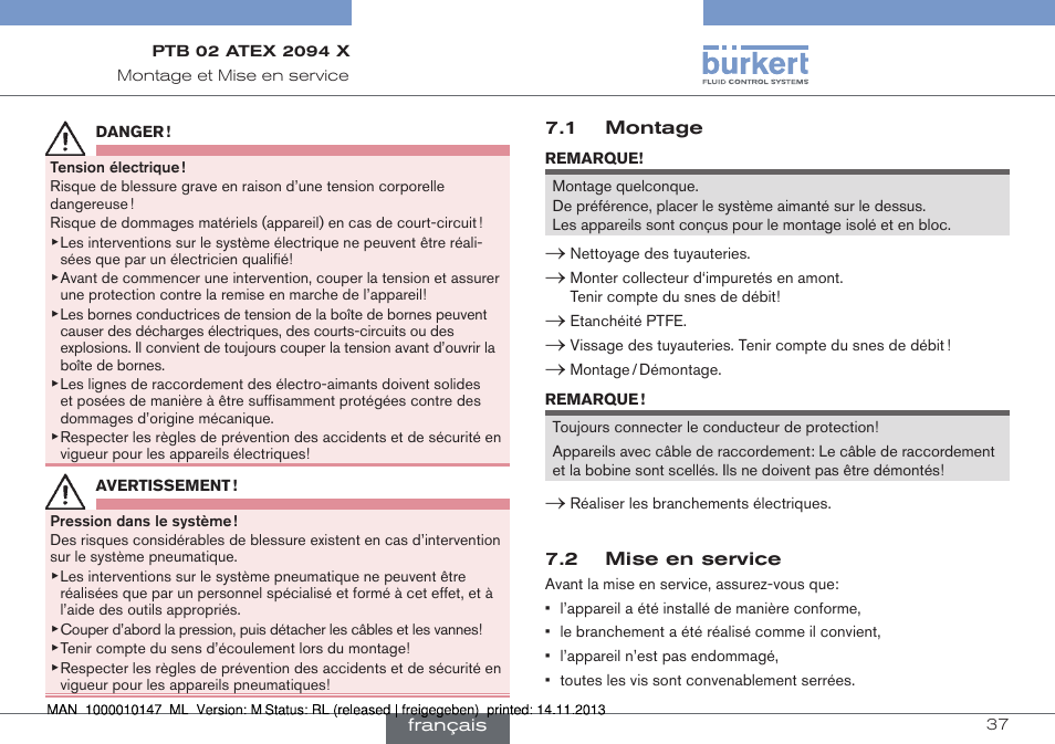 1 montage 7.2 mise en service | Burkert Type 0641 User Manual | Page 37 / 40