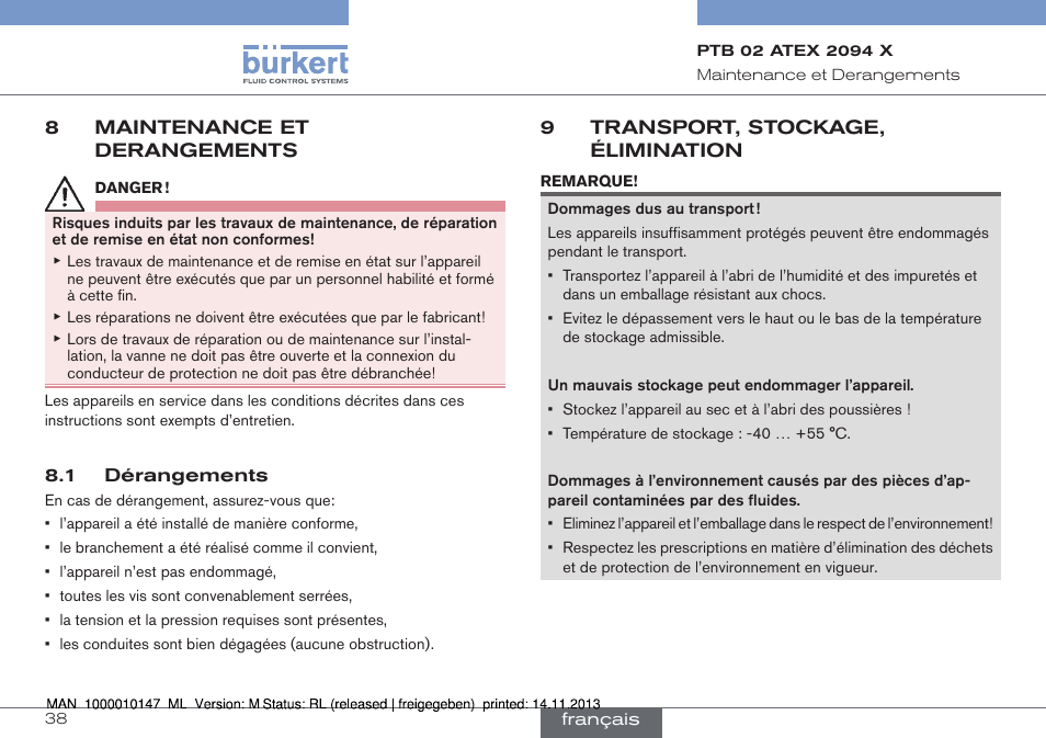 8 maintenance et derangements, 1 dérangements, 9 transport, stockage, élimination | Burkert Type 0641 User Manual | Page 38 / 40