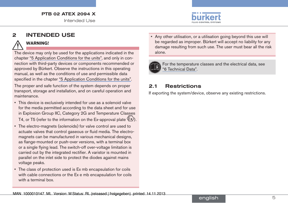 2 intended use, 1 restrictions | Burkert Type 0641 User Manual | Page 5 / 40