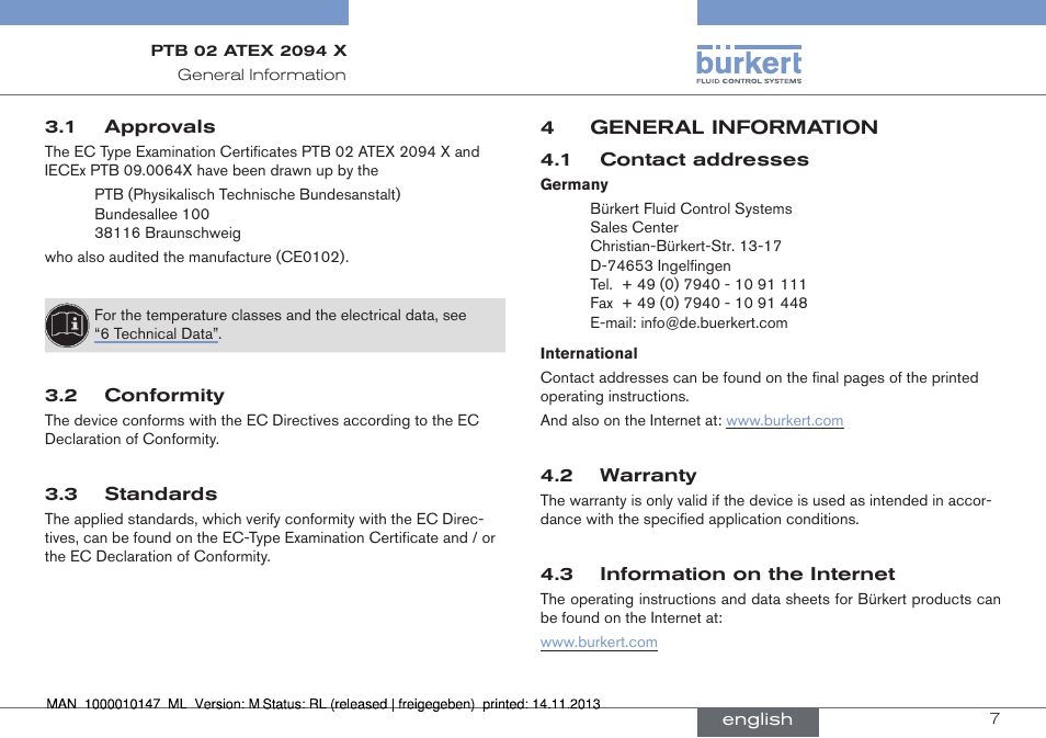 1 approvals 3.2 conformity 3.3 standards, 4 general information | Burkert Type 0641 User Manual | Page 7 / 40