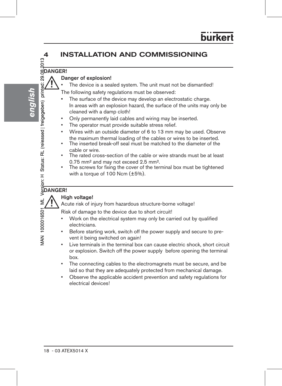 4 installation and commissioning, English | Burkert Type 6022 User Manual | Page 18 / 58