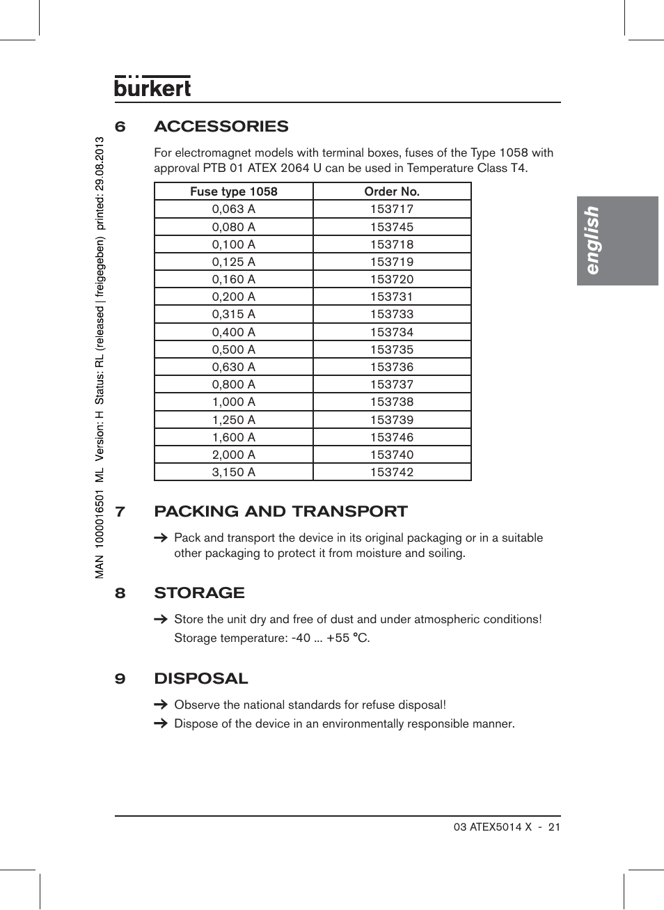 6 accessories, 7 packing and transport, 8 storage | 9 disposal, English | Burkert Type 6022 User Manual | Page 21 / 58