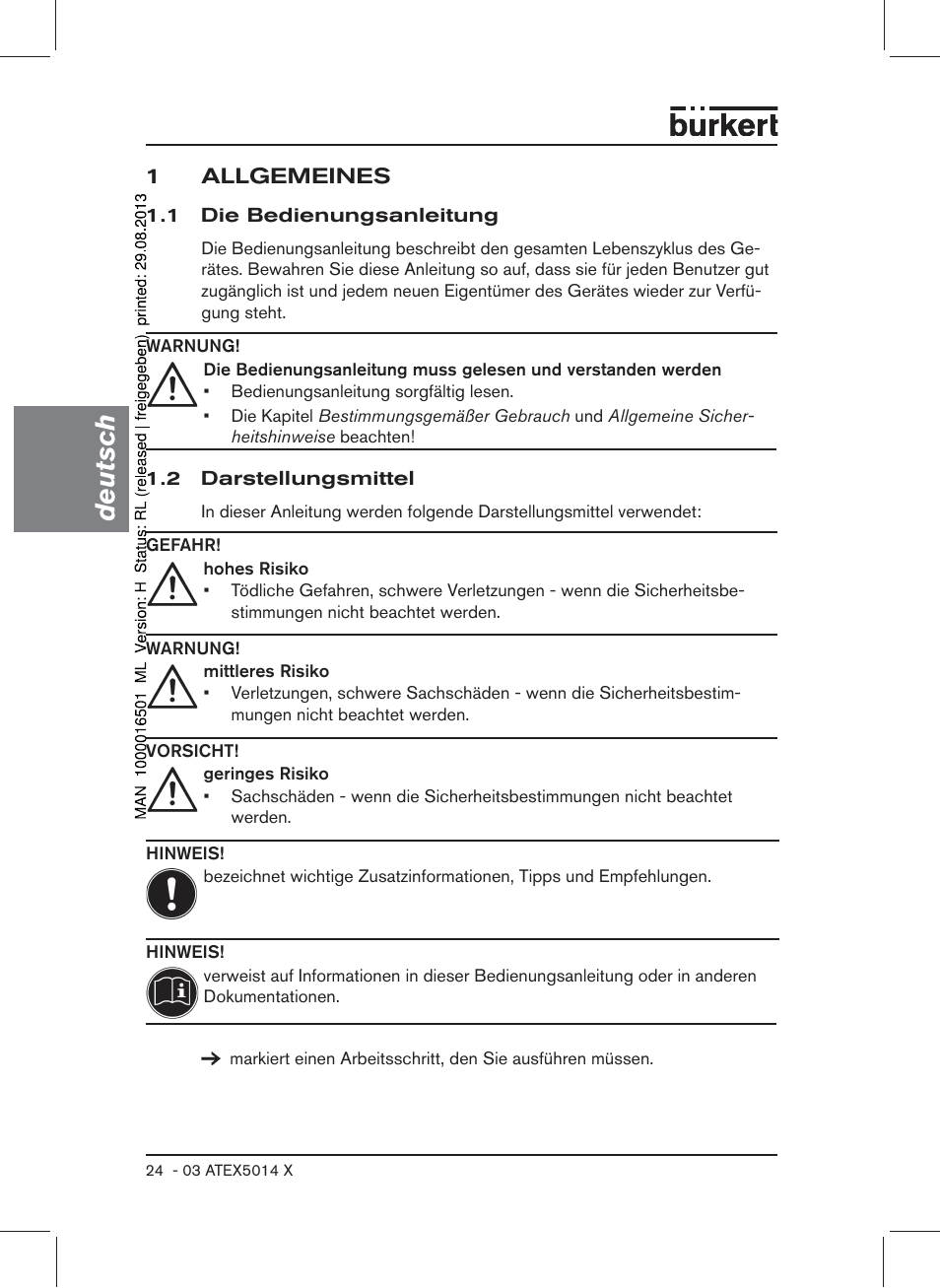 1 allgemeines, 1 die bedienungsanleitung, 2 darstellungsmittel | Deutsch | Burkert Type 6022 User Manual | Page 24 / 58