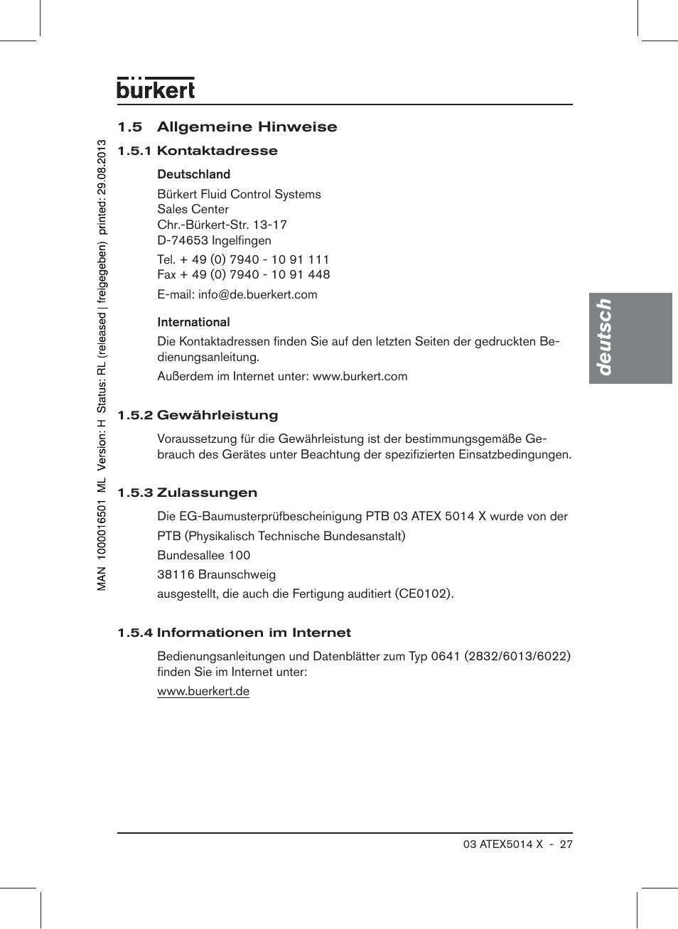 5 allgemeine hinweise, Deutsch | Burkert Type 6022 User Manual | Page 27 / 58