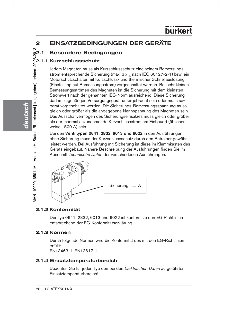 2 einsatzbedingungen der geräte, 1 besondere bedingungen, Deutsch | Burkert Type 6022 User Manual | Page 28 / 58