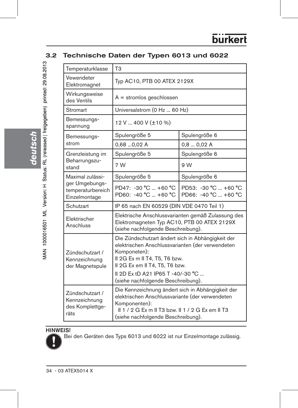 2 technische daten der typen 6013 und 6022, Deutsch | Burkert Type 6022 User Manual | Page 34 / 58