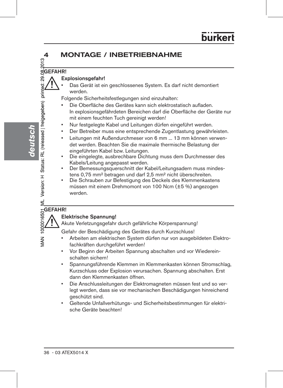 4 montage / inbetriebnahme, Deutsch | Burkert Type 6022 User Manual | Page 36 / 58