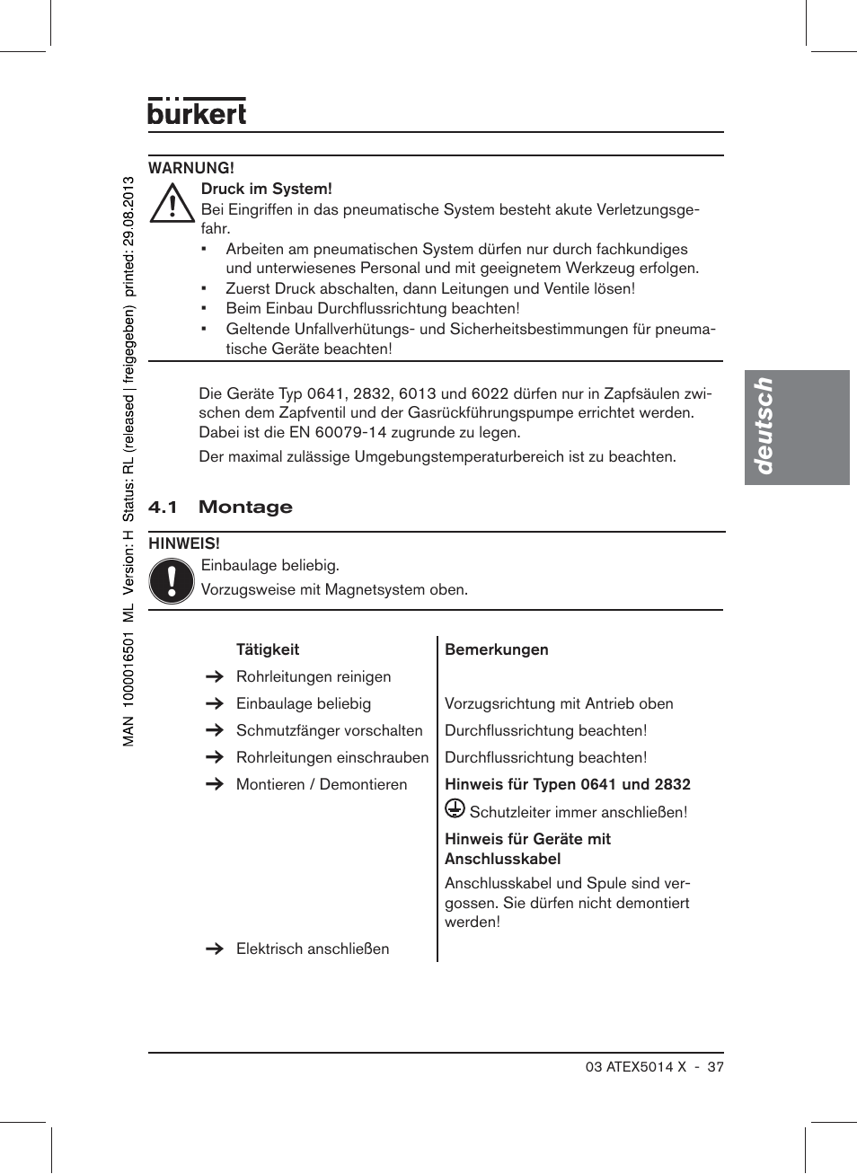 1 montage, Deutsch | Burkert Type 6022 User Manual | Page 37 / 58