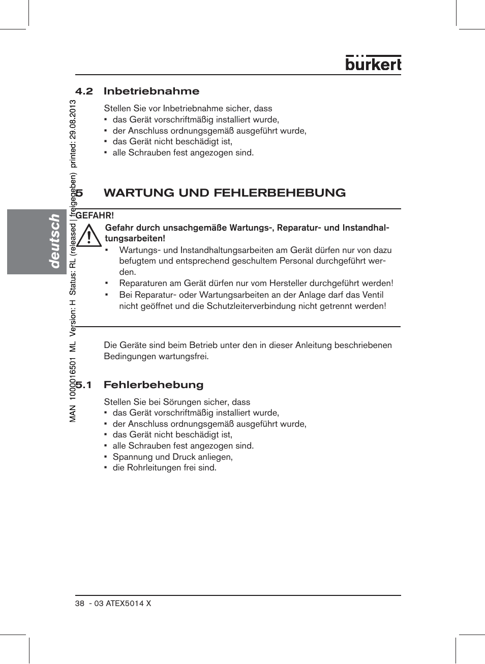 2 inbetriebnahme, 5 wartung und fehlerbehebung, 1 fehlerbehebung | Deutsch | Burkert Type 6022 User Manual | Page 38 / 58