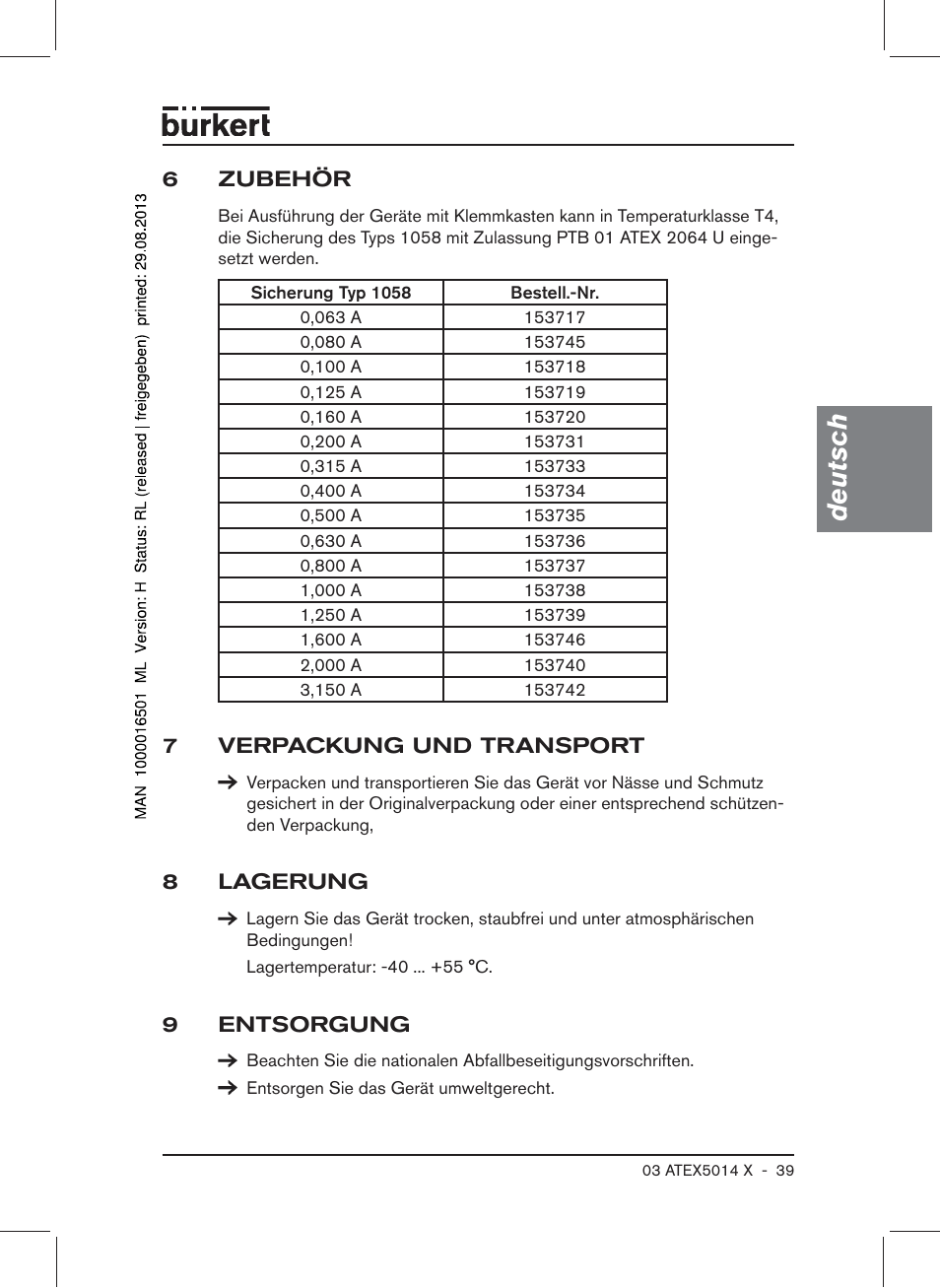 6 zubehör, 7 verpackung und transport, 8 lagerung | 9 entsorgung, Deutsch | Burkert Type 6022 User Manual | Page 39 / 58