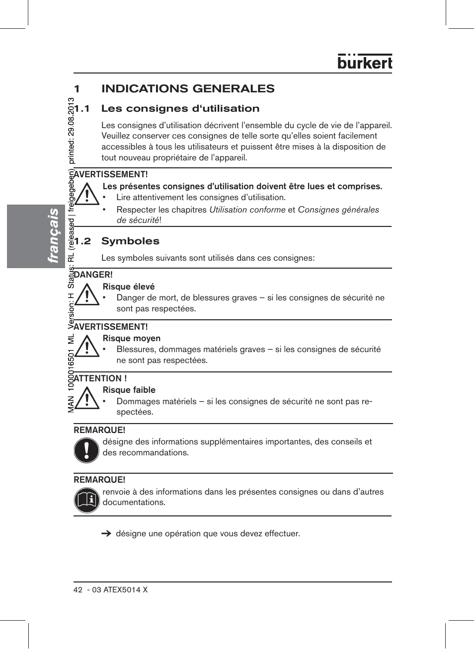 1 indications generales, 1 les consignes d‘utilisation, 2 symboles | Français | Burkert Type 6022 User Manual | Page 42 / 58