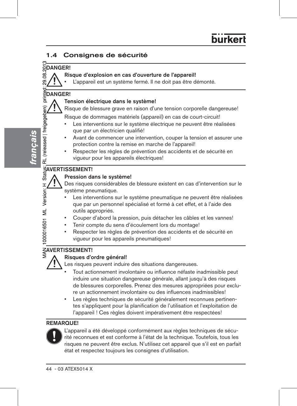 4 consignes de sécurité, Français | Burkert Type 6022 User Manual | Page 44 / 58