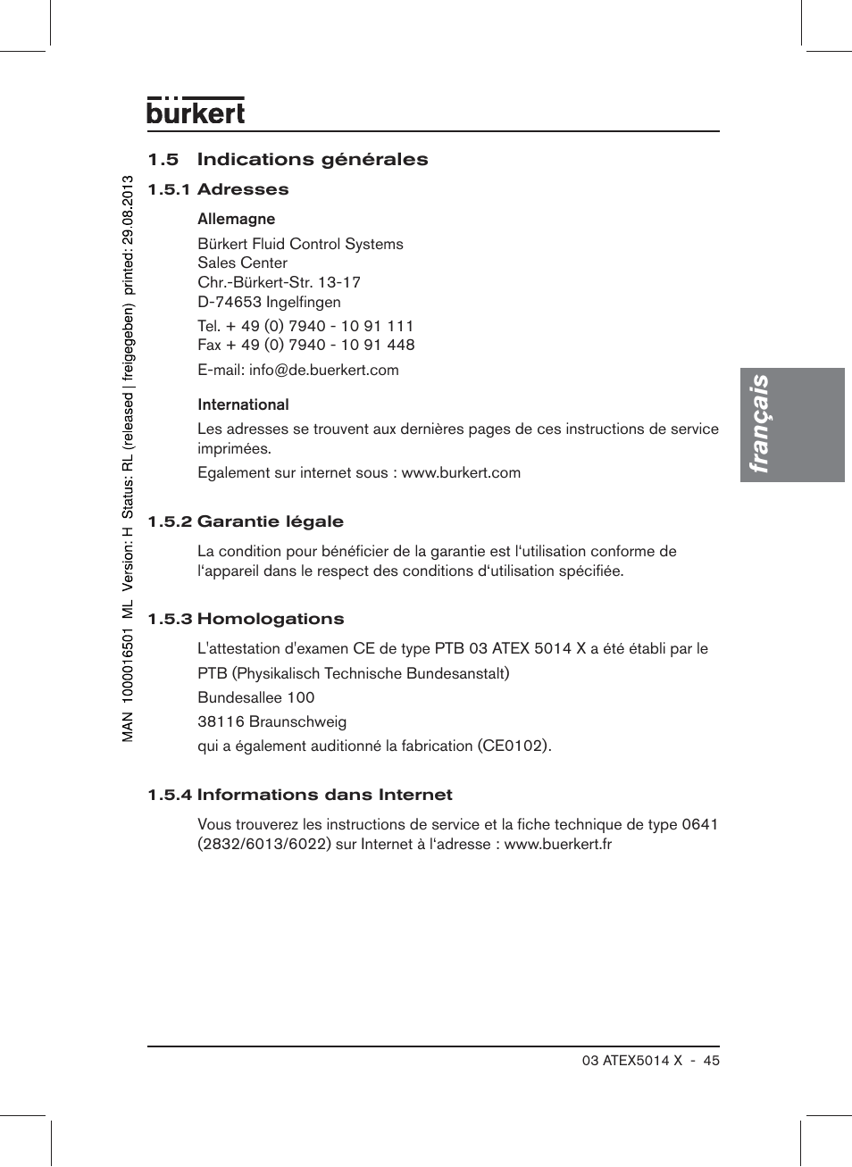 5 indications générales, Français | Burkert Type 6022 User Manual | Page 45 / 58