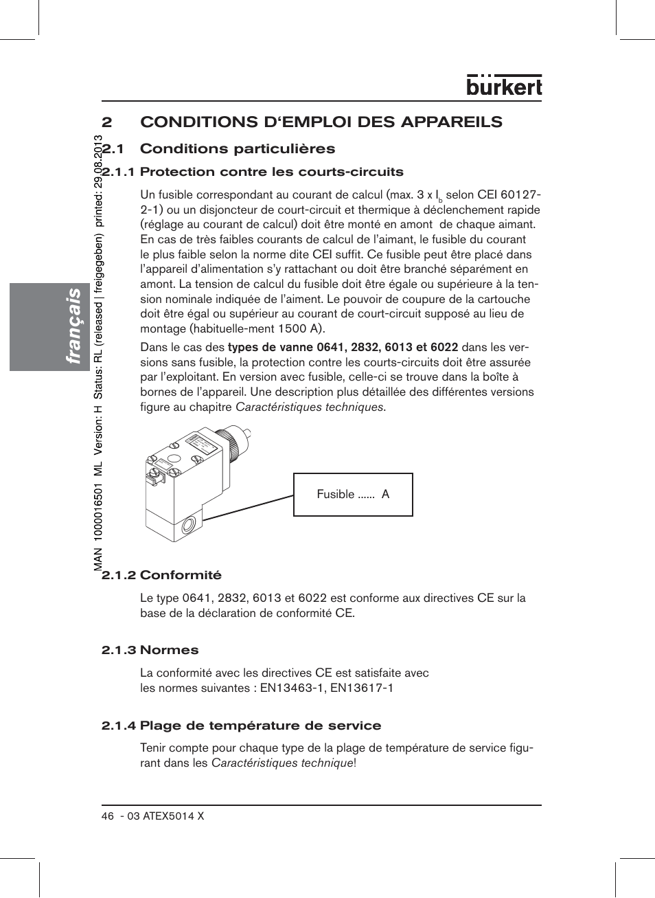 2 conditions d‘emploi des appareils, 1 conditions particulières, Français | Burkert Type 6022 User Manual | Page 46 / 58