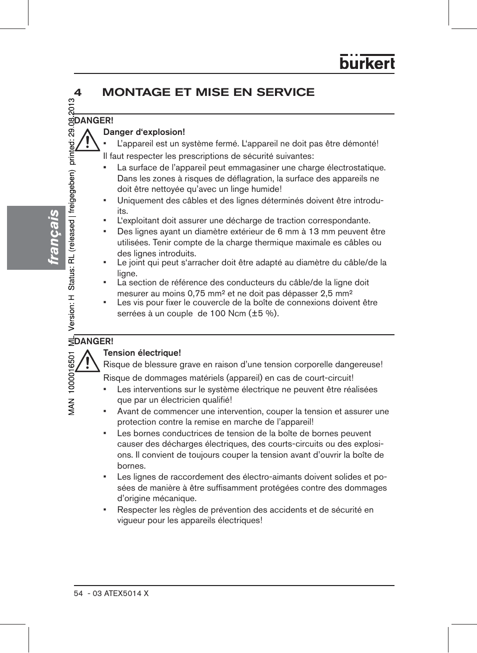 4 montage et mise en service, Français | Burkert Type 6022 User Manual | Page 54 / 58