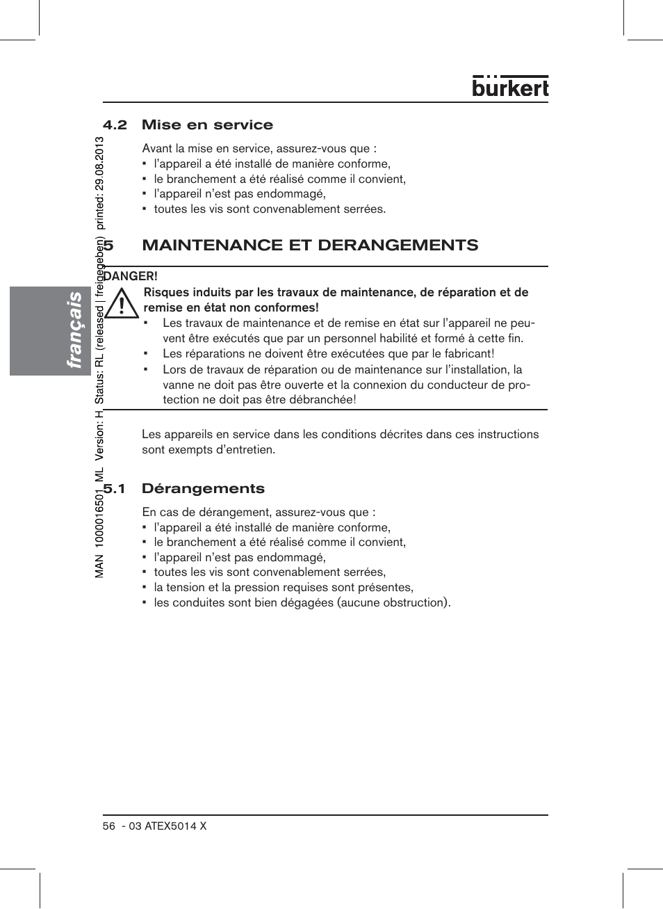 2 mise en service, 5 maintenance et derangements, 1 dérangements | Français | Burkert Type 6022 User Manual | Page 56 / 58