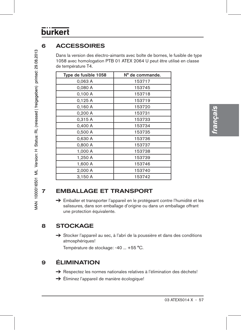 6 accessoires, 7 emballage et transport, 8 stockage | 9 élimination, Français | Burkert Type 6022 User Manual | Page 57 / 58