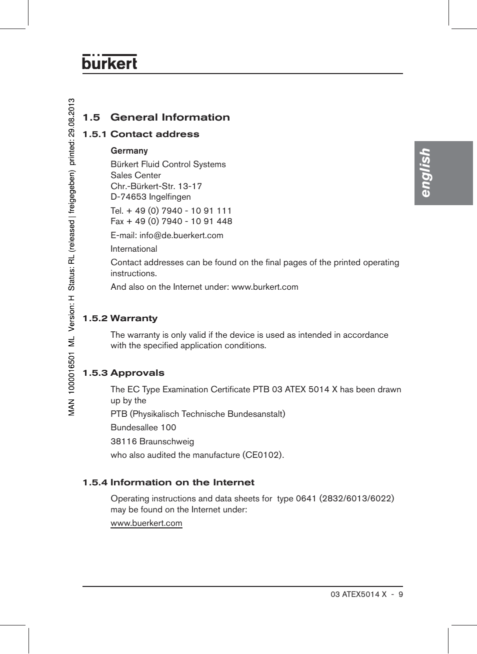 5 general information, English | Burkert Type 6022 User Manual | Page 9 / 58