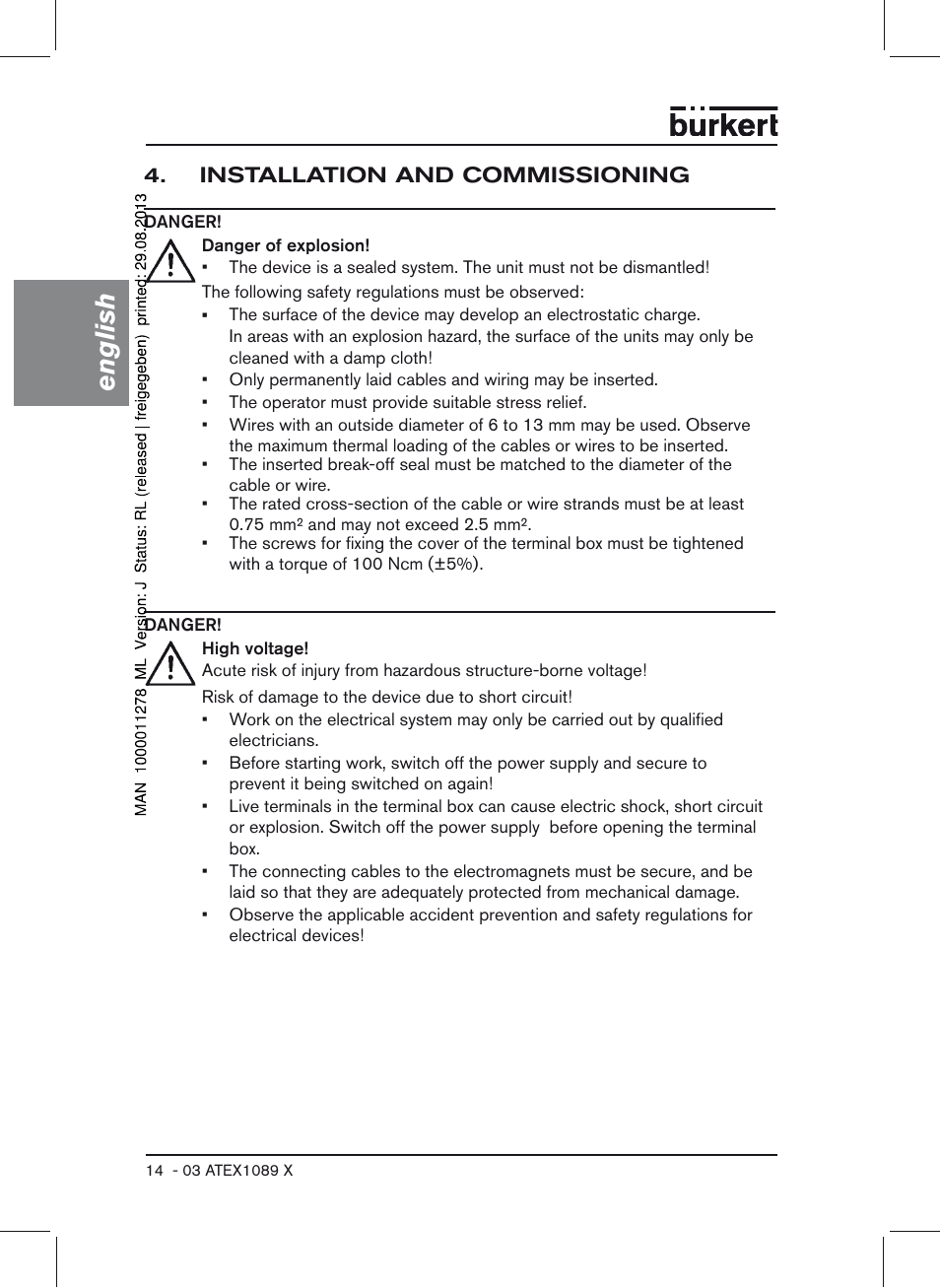 Installation and commissioning, English | Burkert Type 0641 User Manual | Page 14 / 52