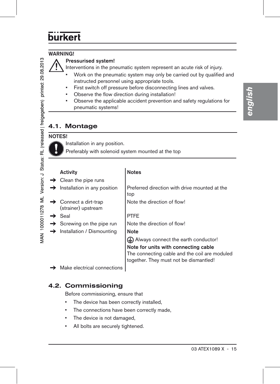 Montage 4.2. commissioning, English | Burkert Type 0641 User Manual | Page 15 / 52
