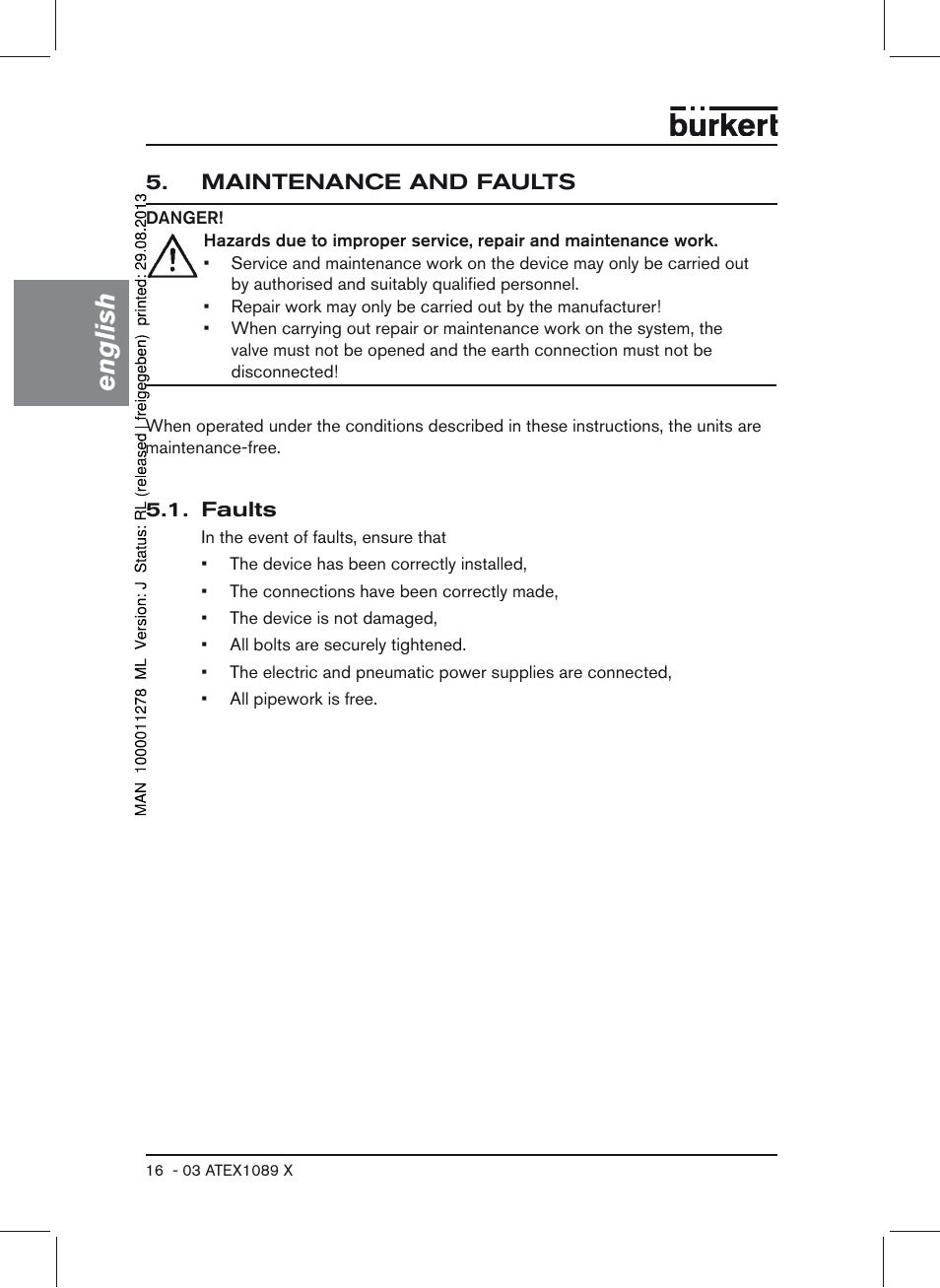Maintenance and faults, Faults, English | Burkert Type 0641 User Manual | Page 16 / 52